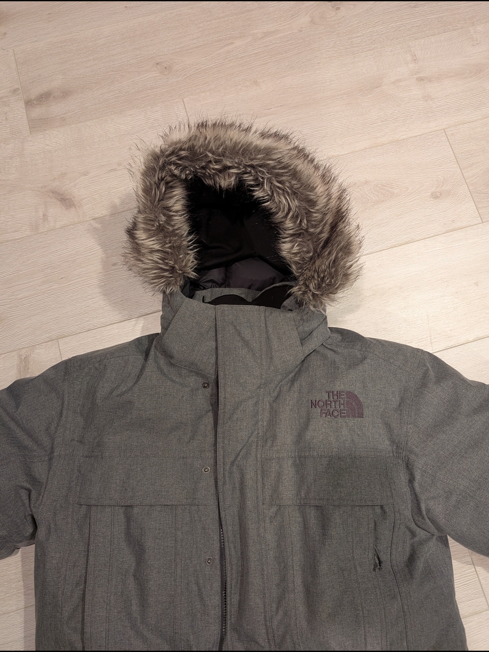 The North Face Grey Hooded Parka with Faux Fur Trim